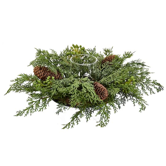 15" Christmas Cypress Centerpiece with Pinecones & Votive Holder